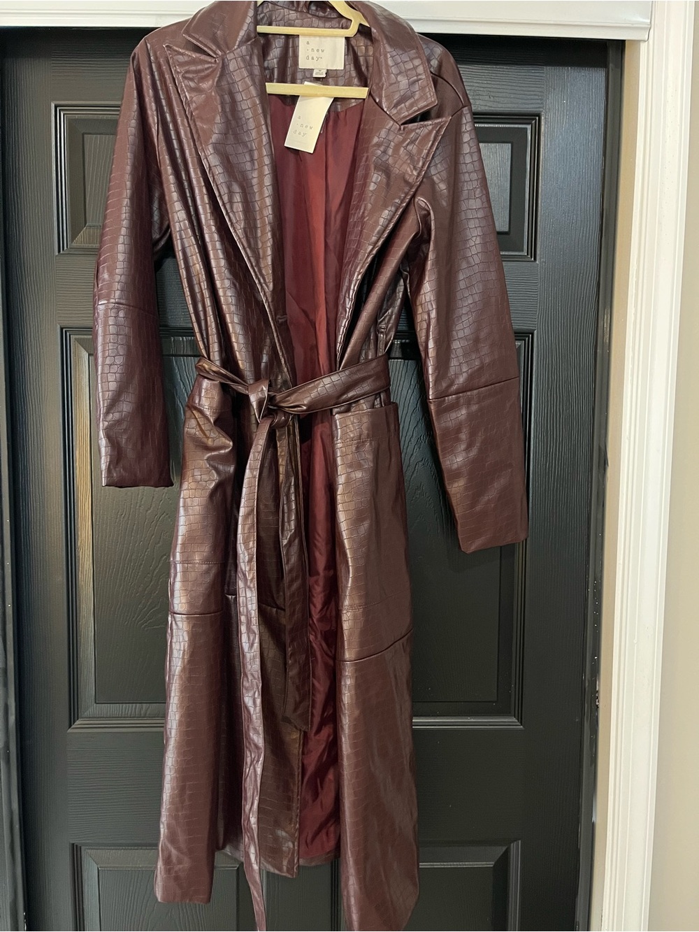 A New Day Target Faux Leather Snake Skin Long Trench Coat in Burgundy
